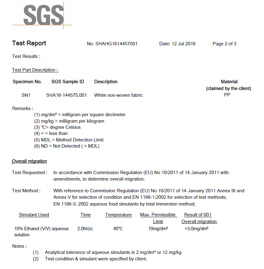  SGS CERTIFICATION OF OVERALL MIGRATION IN 10% ETHANOL