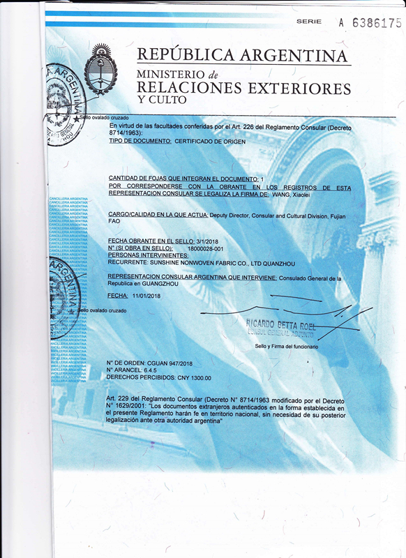 Sunshine provide Certificate of origin stamped by Argentine embassy (CO)